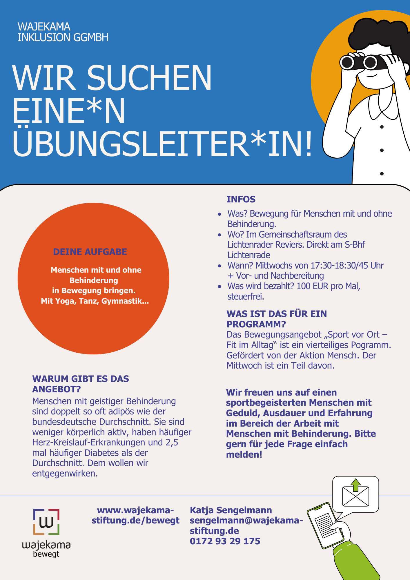 Wir suchen einen Übungsleiterin! hier wird beschrieben, dass wir einen Übungsleiter*in für unser sportliches Mittwochsangebot suchen.