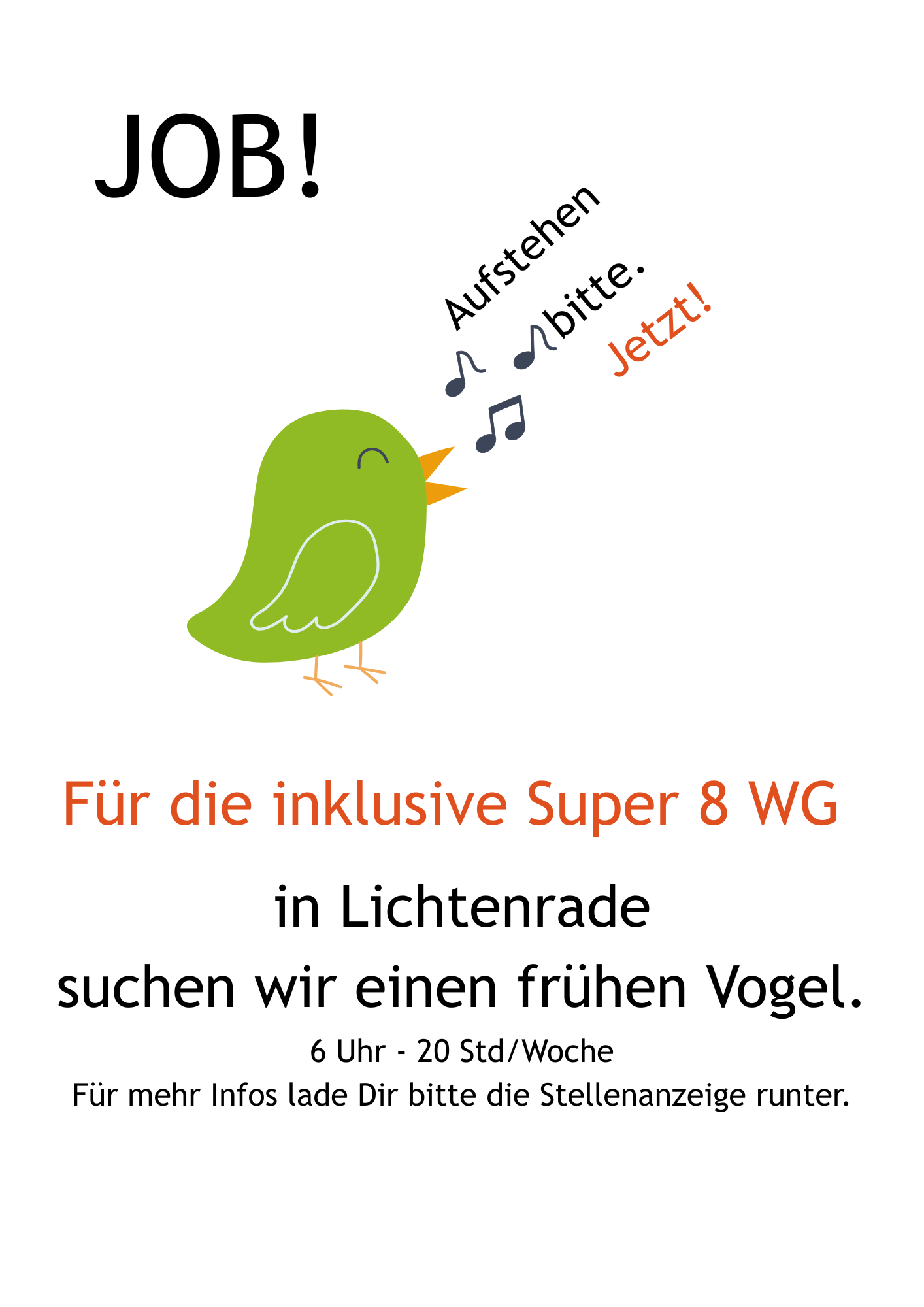 Früher Vogel Stellenanzeige (Flyer (A4)) Text zur Fachkraftsuche mit Grafik (5 winkende Personen)
